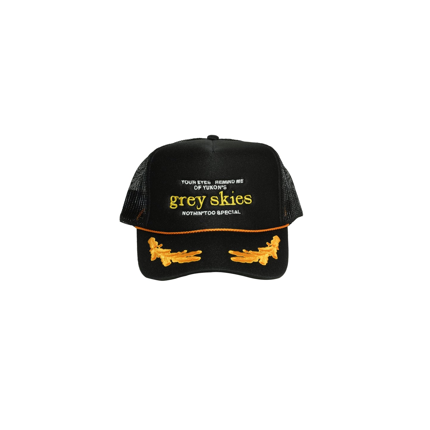 Grey Skies “NTS” Trucker Hat (Black-Gold)