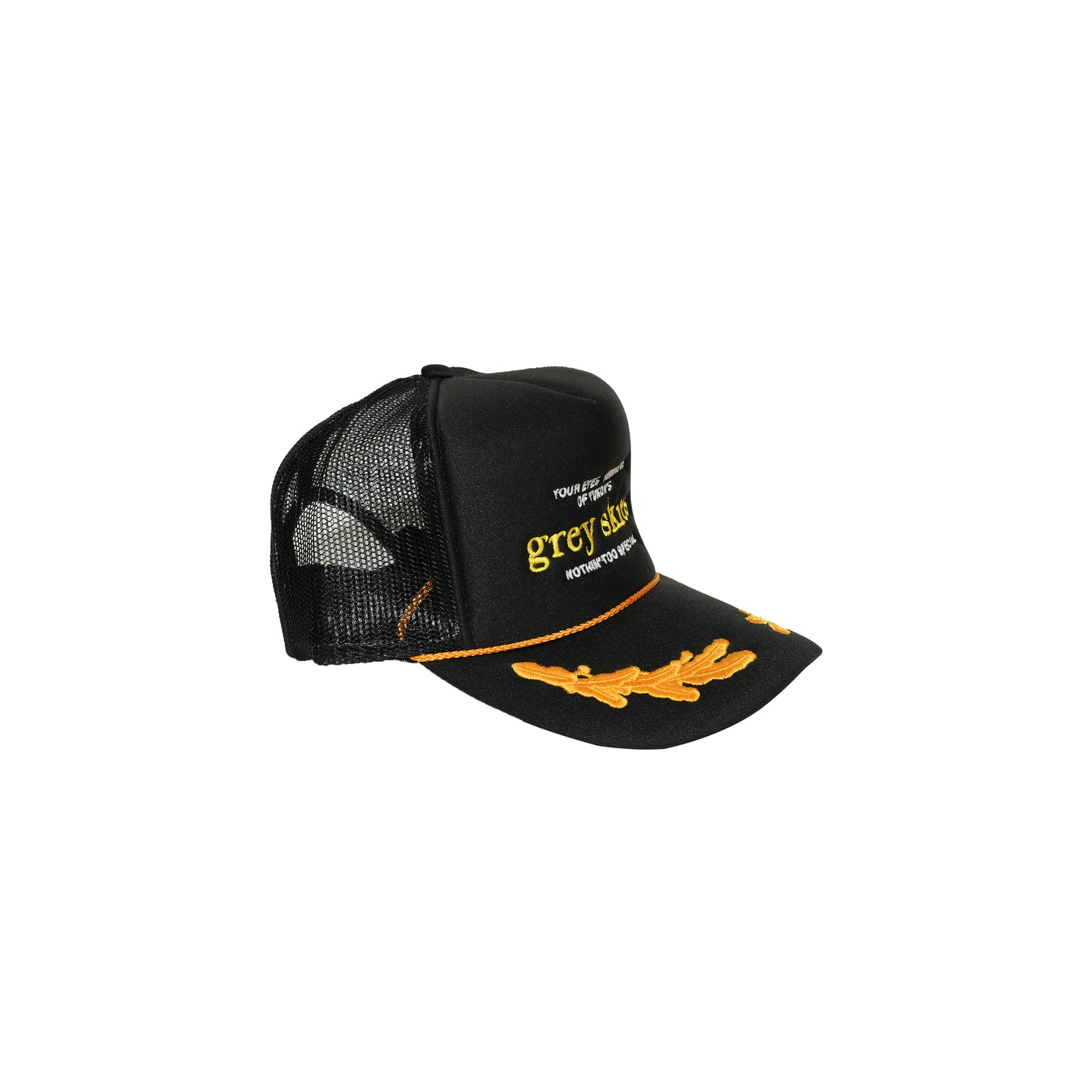 Grey Skies “NTS” Trucker Hat (Black-Gold)