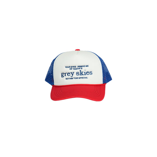 Grey Skies “NTS” Trucker Hat (Red-Blue)